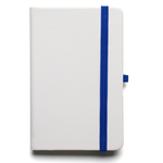 Branded A6 White Notebook with bookmark, pen loop, closure.