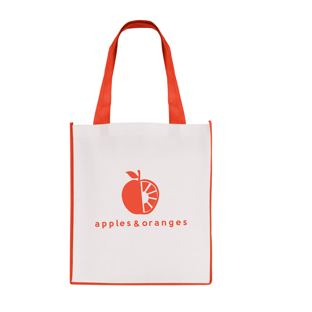 Branded White non woven PP shopper with coloured piping trim and handles