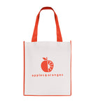 Branded White non woven PP shopper with coloured piping trim and handles