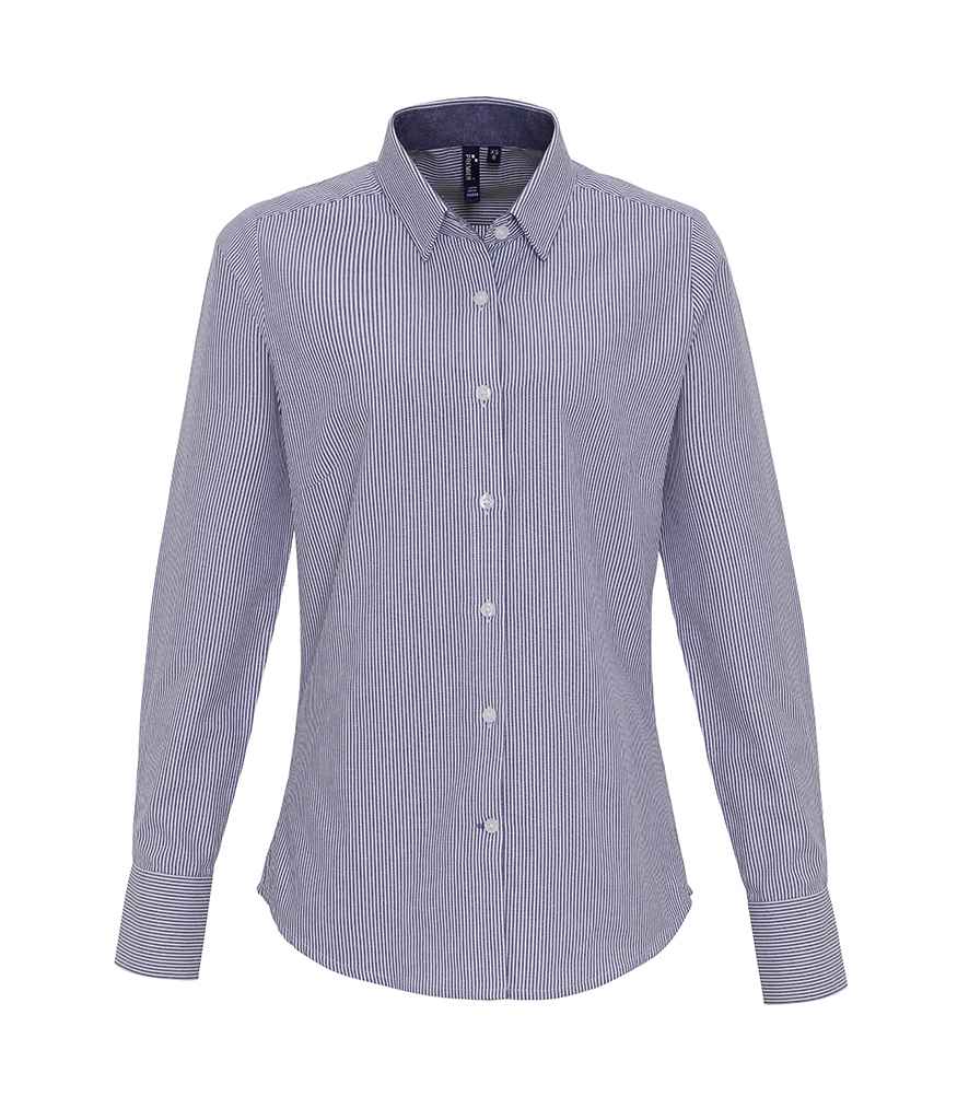Premier Ladies Long Sleeve Striped Oxford Shirt White/Navy