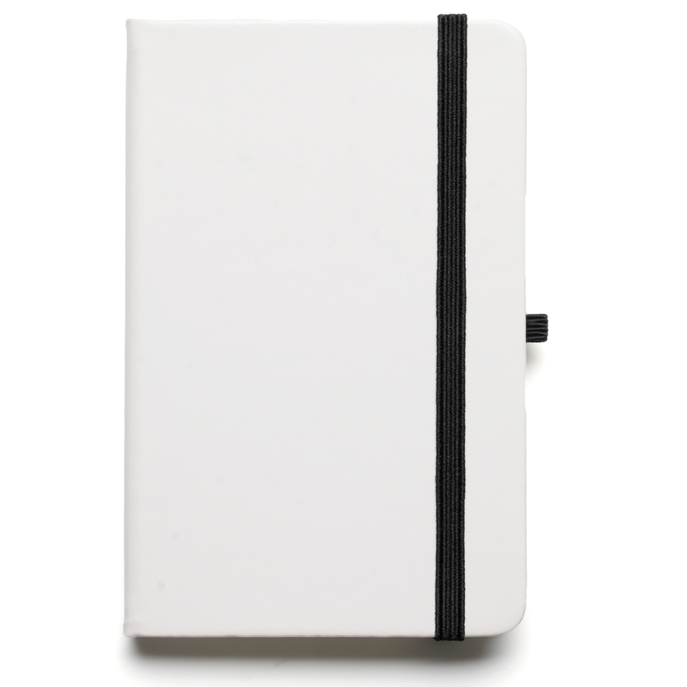 Branded A6 White Notebook with bookmark, pen loop, closure.
