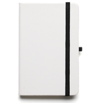Branded A6 White Notebook with bookmark, pen loop, closure.