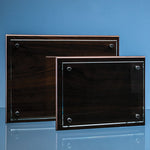 20cm x 28cm x 5mm Clear Glass Rectangle mounted on a 17mm Thick Brown Wood Plaque