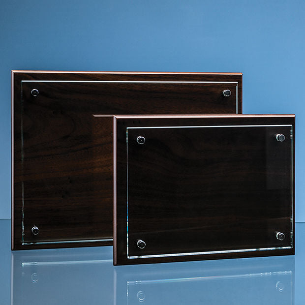 Branded 20cm x 28cm x 5mm Clear Glass Rectangle mounted on a 17mm Thick Brown Wood Plaque