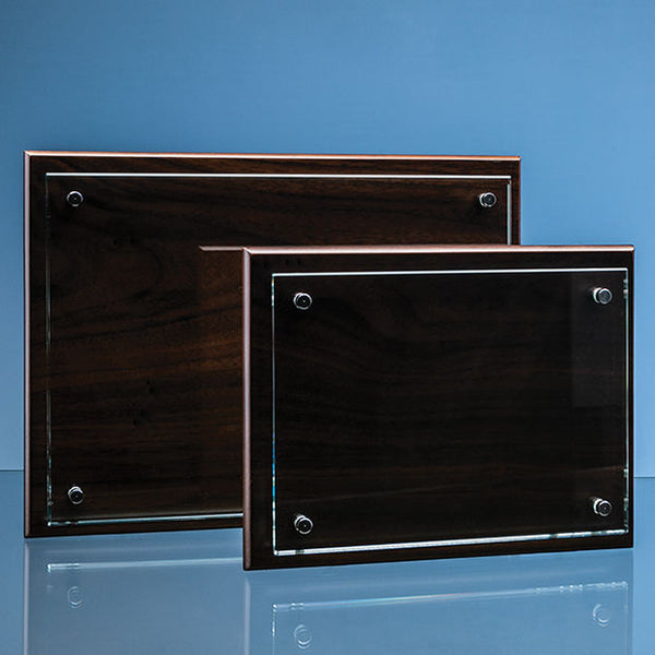 Branded 20cm x 28cm x 5mm Clear Glass Rectangle mounted on a 17mm Thick Brown Wood Plaque