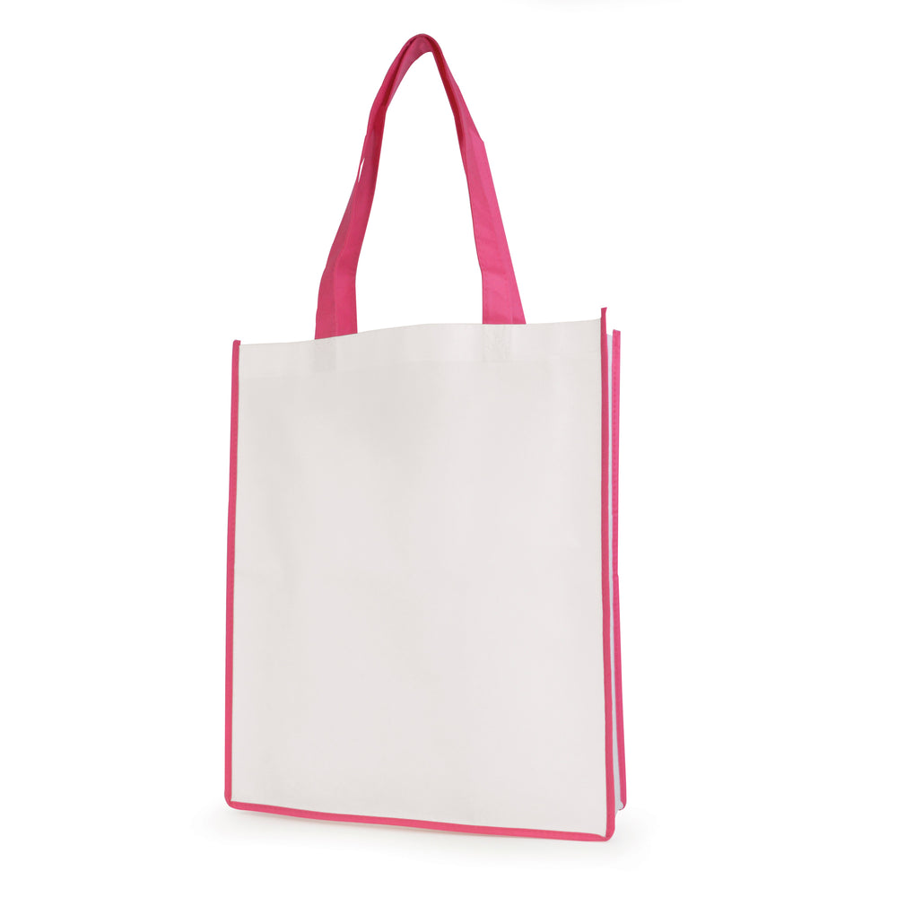 Branded White non woven PP shopper with coloured piping trim and handles