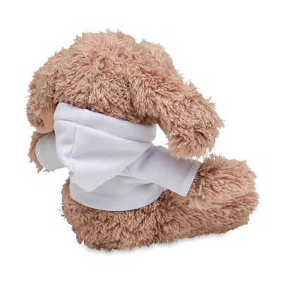 Dog plush wearing a hoodie