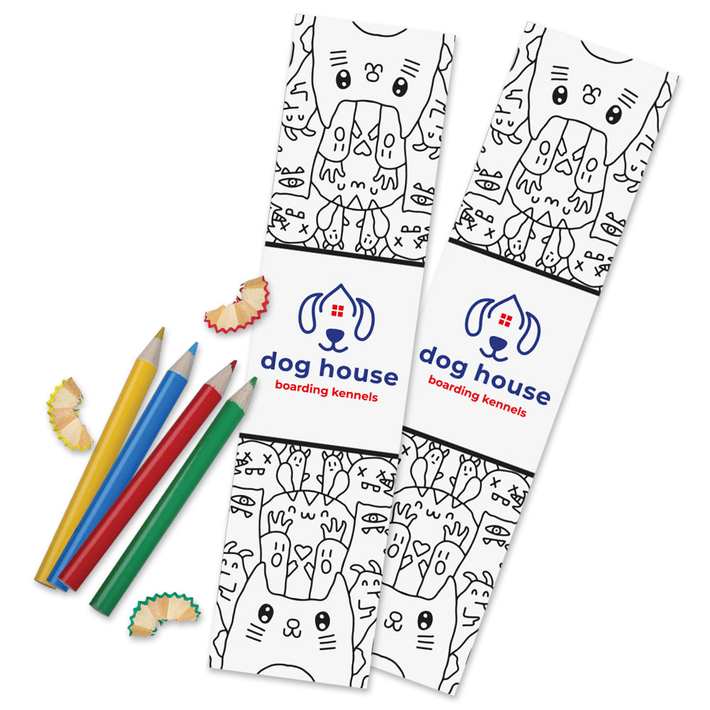 Children's Colouring in Two Sided Bookmark with Pack of 4 Colouring Pencils