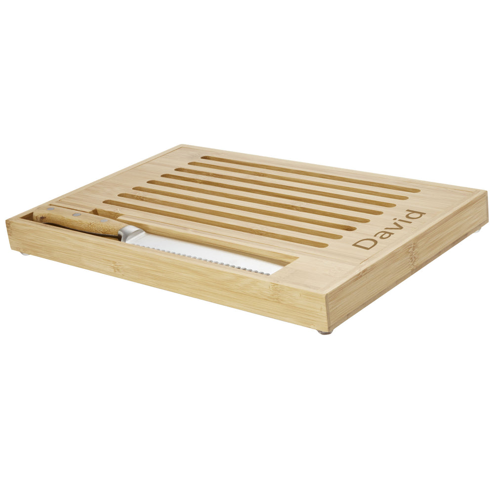 Branded Pao bamboo cutting board with knife