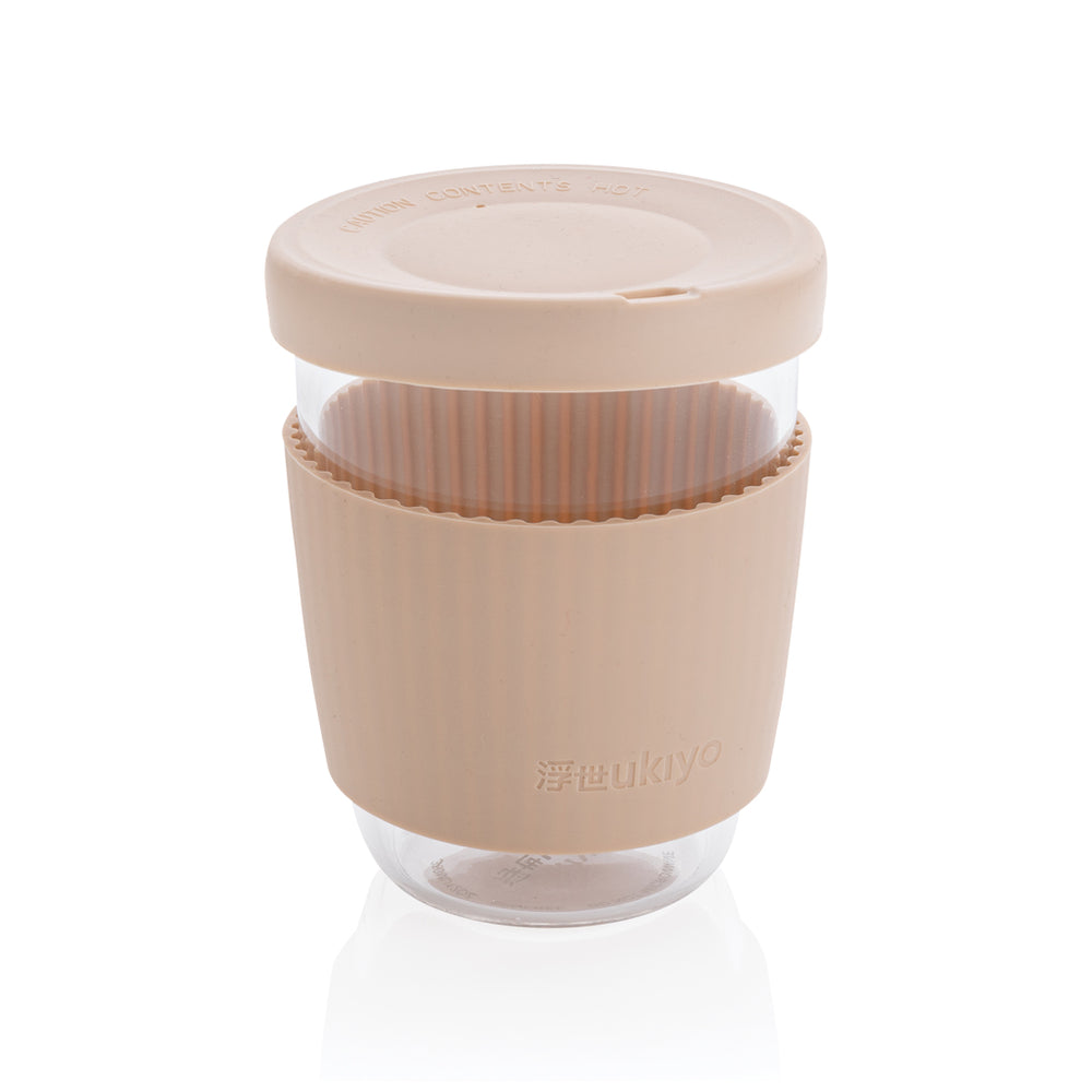 Branded Ukiyo borosilicate glass with silicone lid and sleeve