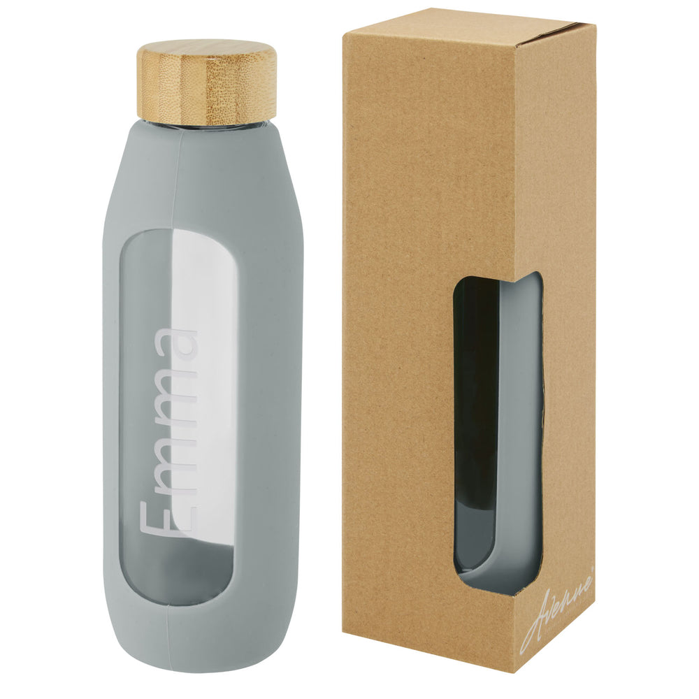 Branded Tidan 600 ml borosilicate glass bottle with silicone grip