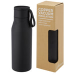 Branded Ljungan 500 ml copper vacuum insulated stainless steel bottle with PU leather strap and lid