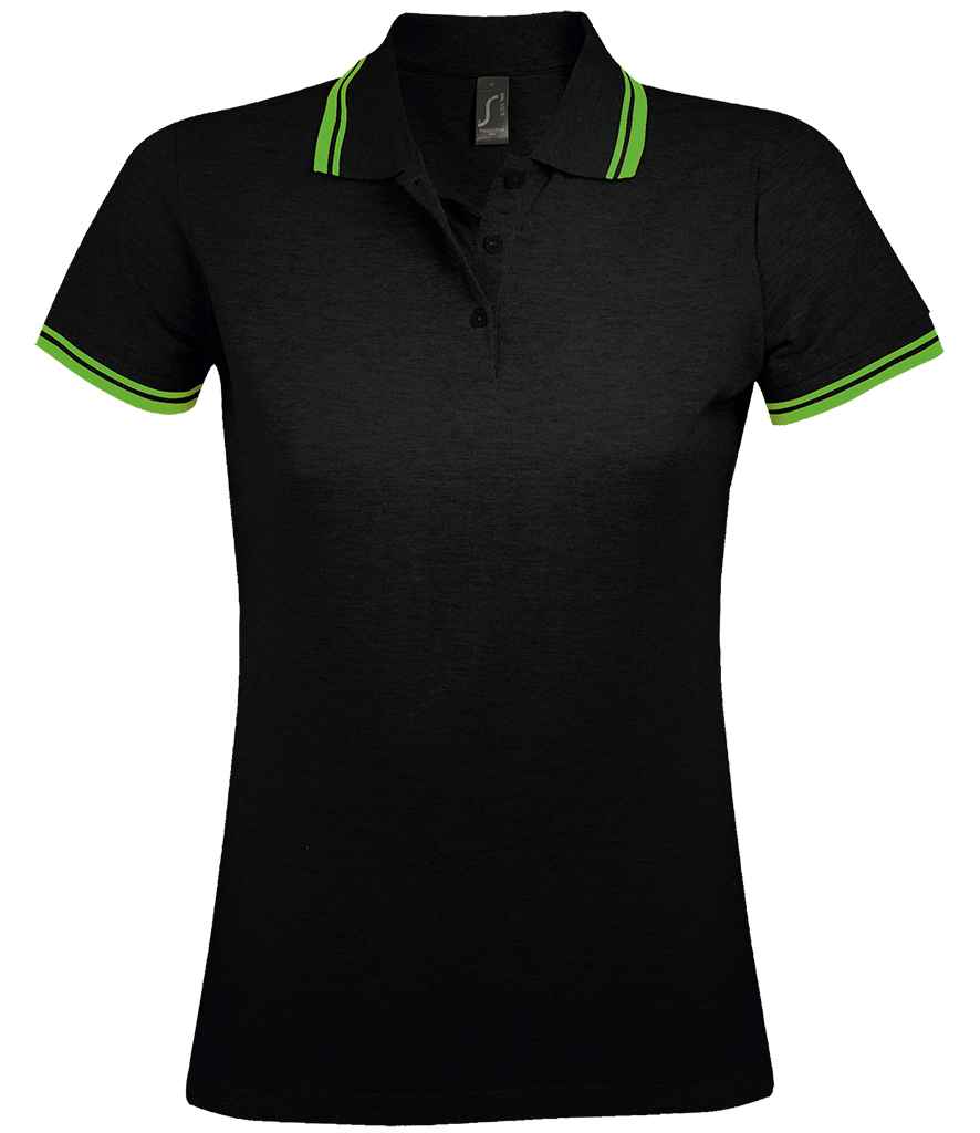 SOL'S Ladies Pasadena Tipped Cotton Piqué Polo Shirt Black/Lime Green