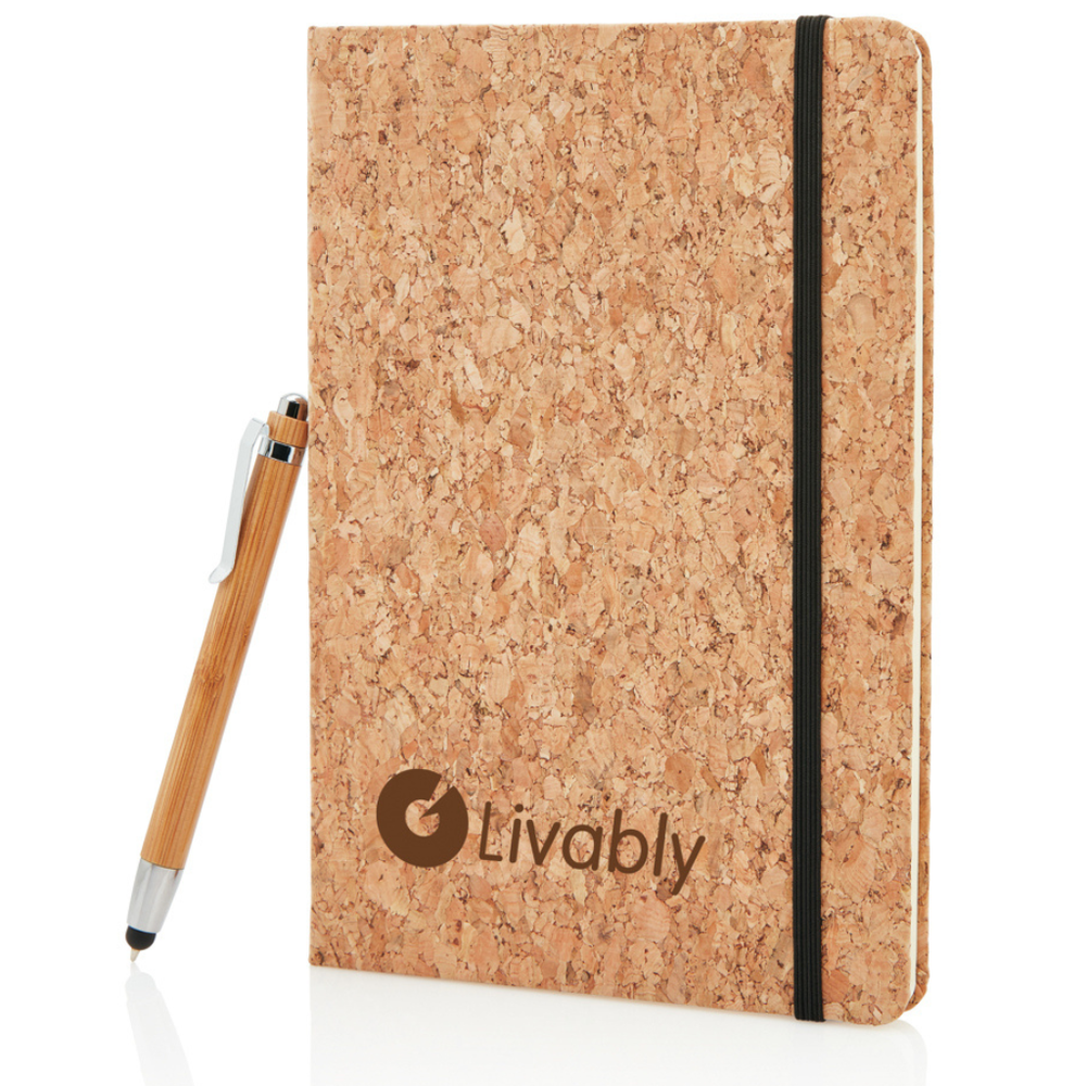 Branded A5 notebook with bamboo pen including stylus
