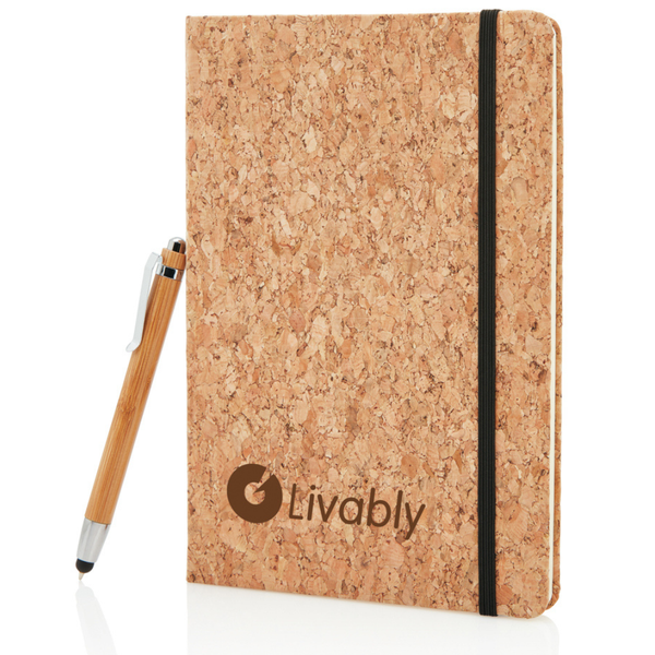 Branded A5 notebook with bamboo pen including stylus