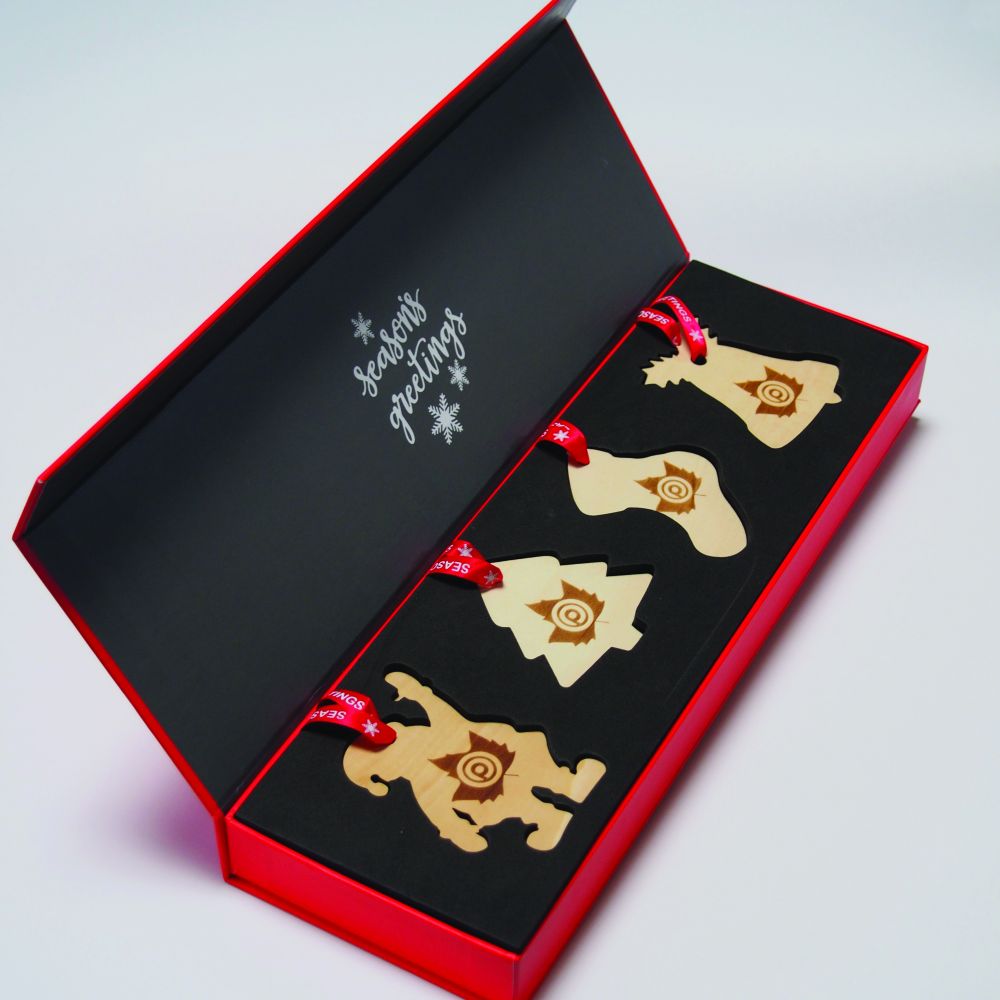 Branded Basswood Tree Decorations Presentation Set
