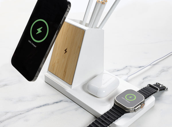 Branded Ontario recycled plastic & bamboo 3-in-1 wireless charger