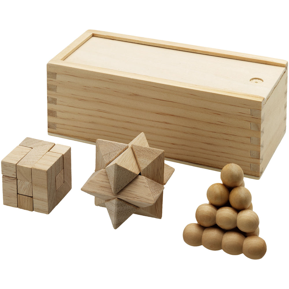 Branded Brainiac 3-piece wooden brain teaser set