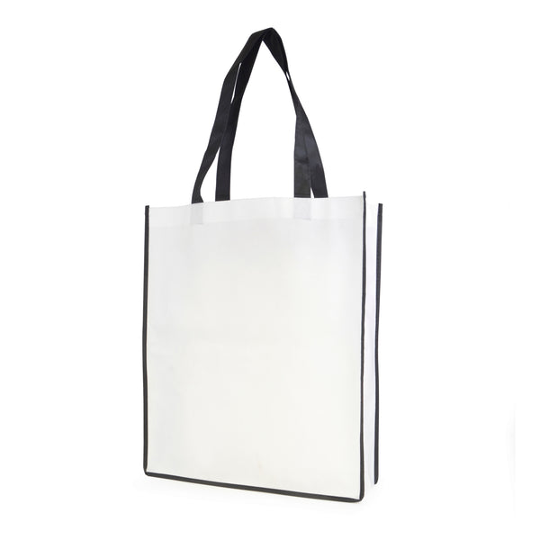 Branded White non woven PP shopper with coloured piping trim and handles