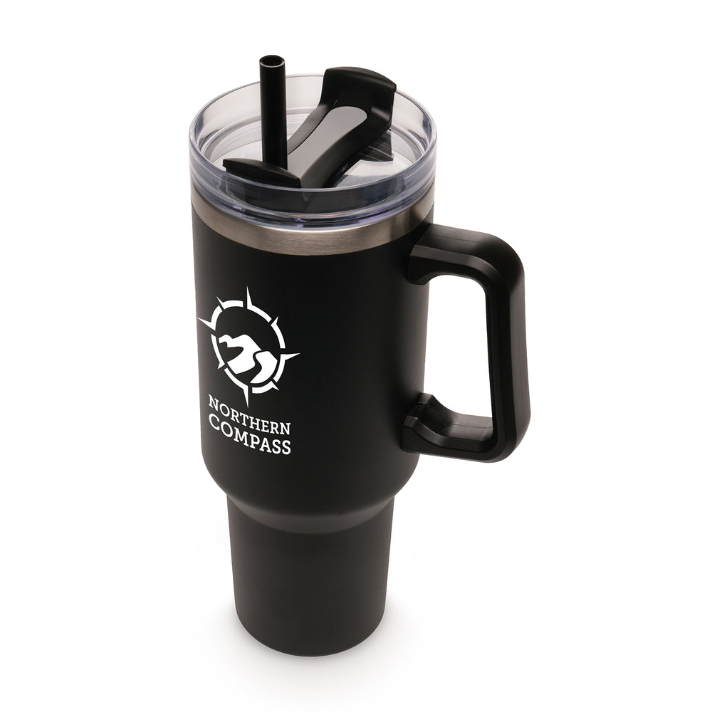 Everest BLACK Stainless Steel Mug with Straw and Handle - 1182ml