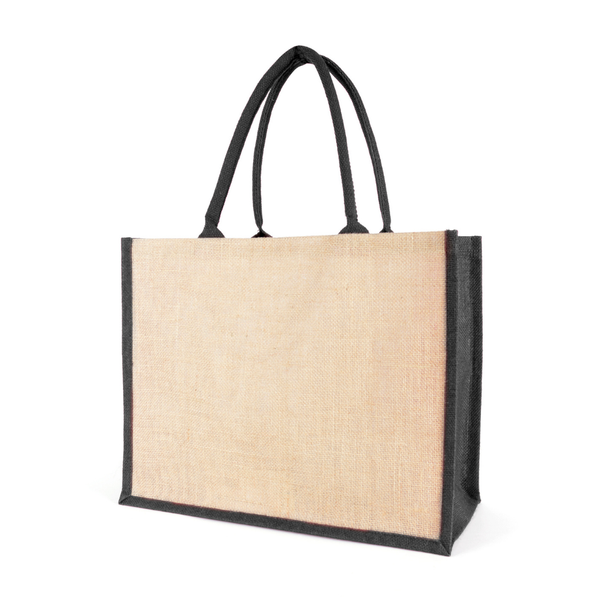Branded Chow Natural Jute Bag with trim + cotton webbing rope handles