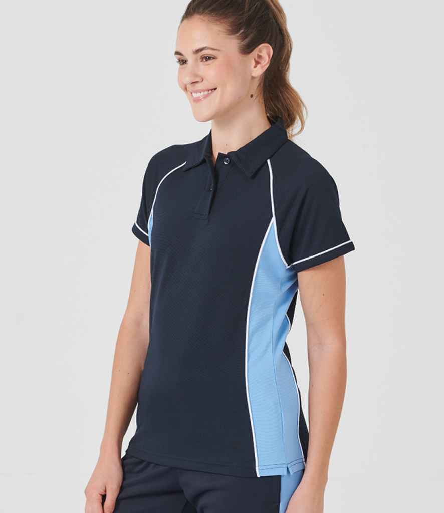 Finden + Hales Ladies Performance Piped Polo Shirt Navy/Sky Blue/White