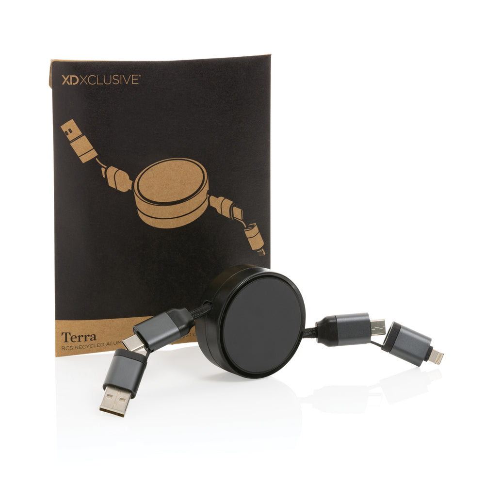 Branded Terra RCS recycled aluminium retractable 6 in 1 cable