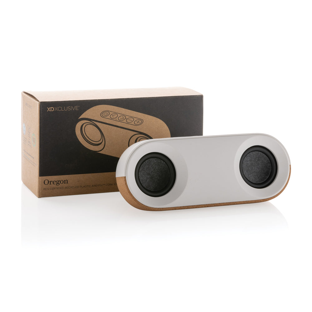 Branded Oregon RCS recycled plastic and cork 10W speaker