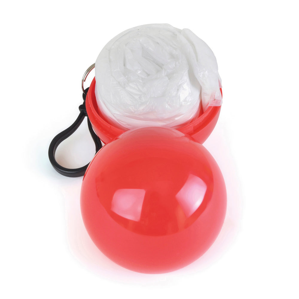 Branded White Poncho In Plastic Ball with Split Ring Keyring