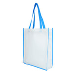 Branded White non woven PP shopper with coloured piping trim and handles