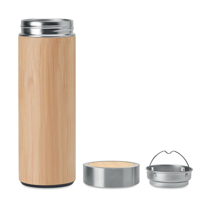 Branded Double wall bamboo flask with tea infuser 400ml