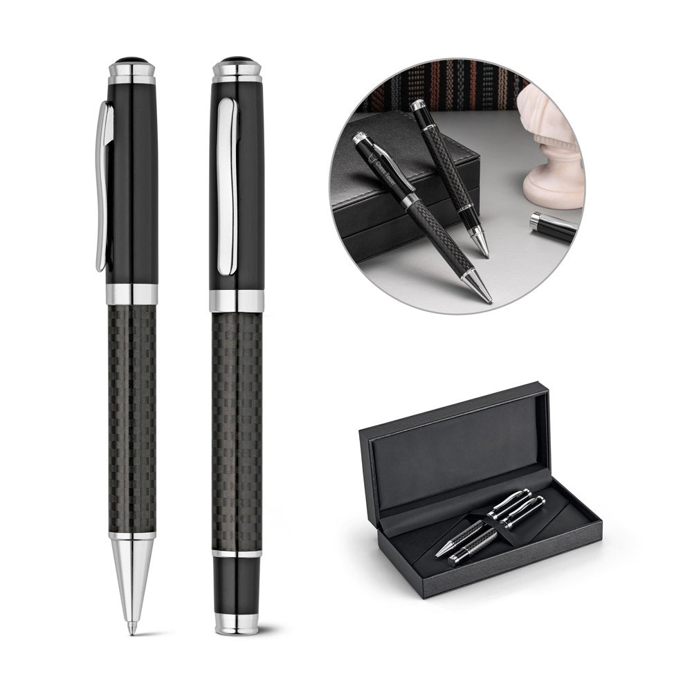 Chess Carbon Fibre Rollerball and Ball Pen Set Black