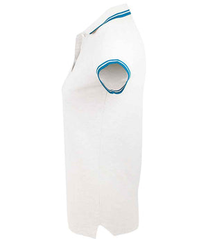 SOL'S Ladies Pasadena Tipped Cotton Piqué Polo Shirt White/Aqua
