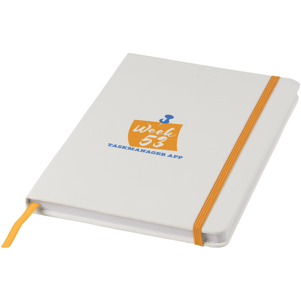 Branded Spectrum A5 white notebook with coloured strap