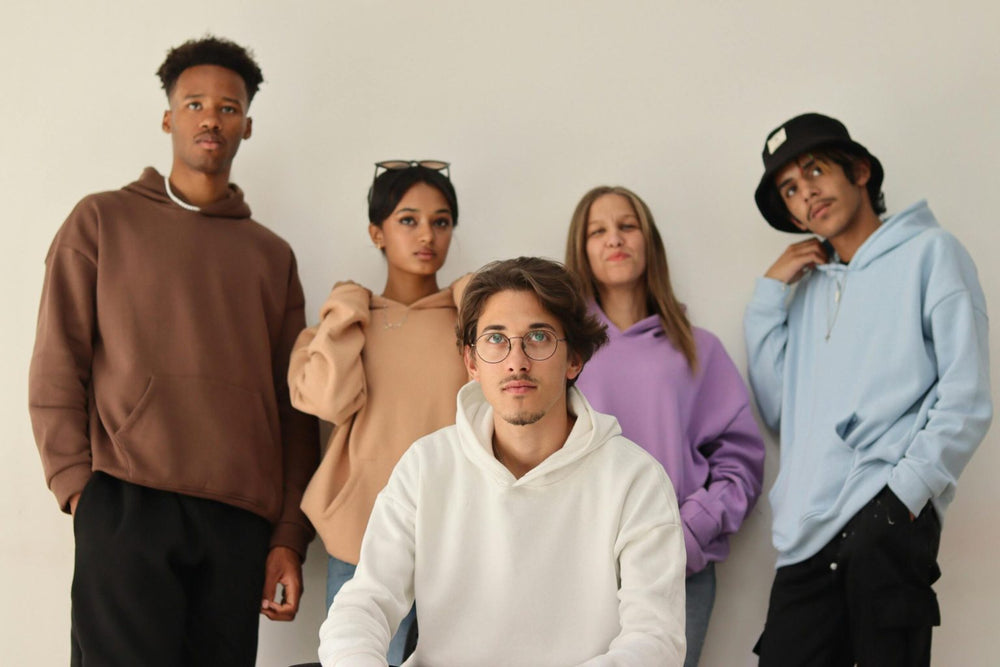 A group of young people wearing colourful branded apparel UK