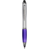 Curvy stylus ballpoint pen with silver barrel and purple grip
