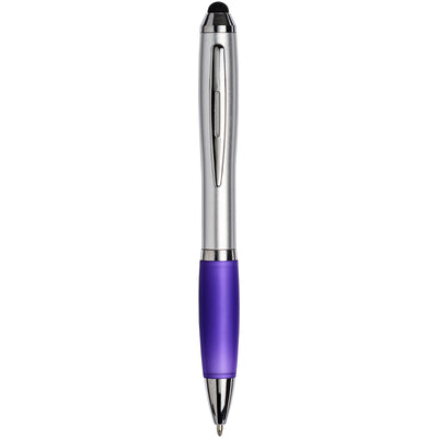 Curvy stylus ballpoint pen with silver barrel and purple grip