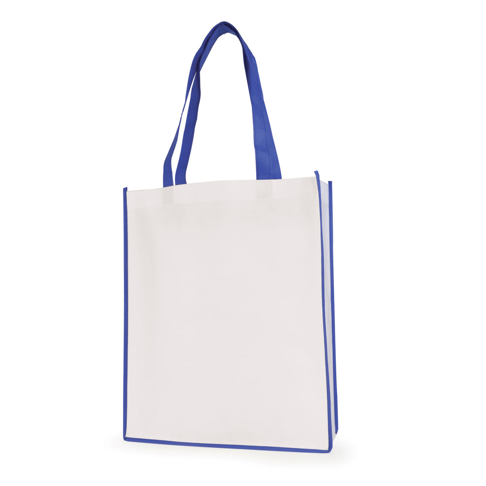 Branded White non woven PP shopper with coloured piping trim and handles