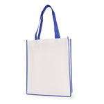 Branded White non woven PP shopper with coloured piping trim and handles