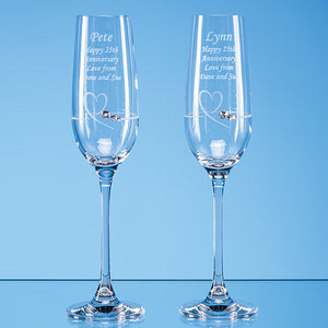 2 Diamante Petit Champagne Flutes with Heart Design in an attractive Gift Box