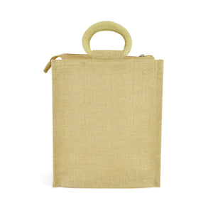 Laminated Jute Lunch Bag with zip closure & loop handles