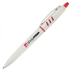 Printed S30 Pens in white with red accents on the top and ring, also features branding to the barrel