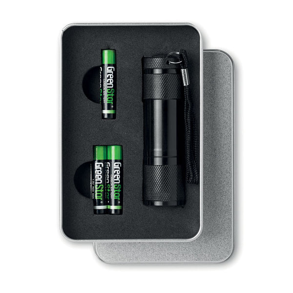 Branded LED torch in tin box