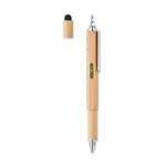 Spirit level pen in bamboo showing off the stylus tip and screw bit