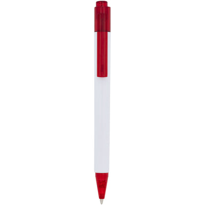 Calypso ballpoint pen with a white barrel and translucent red on the clip and nose
