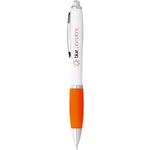 Nash ballpoint pen with white barrel and orange grip. Branded down the barrel