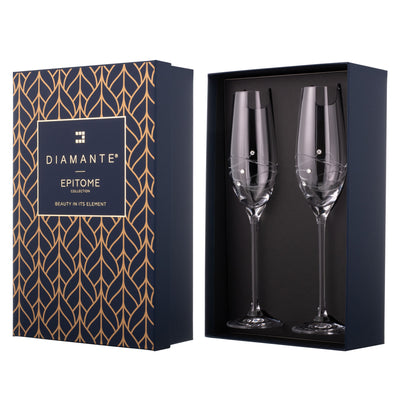 2 Diamante Champagne Flutes with Spiral Design Cutting in a Satin Lined Gift Box