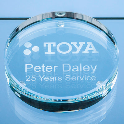 Branded 9cm x 18mm Clear Glass Round Paperweight