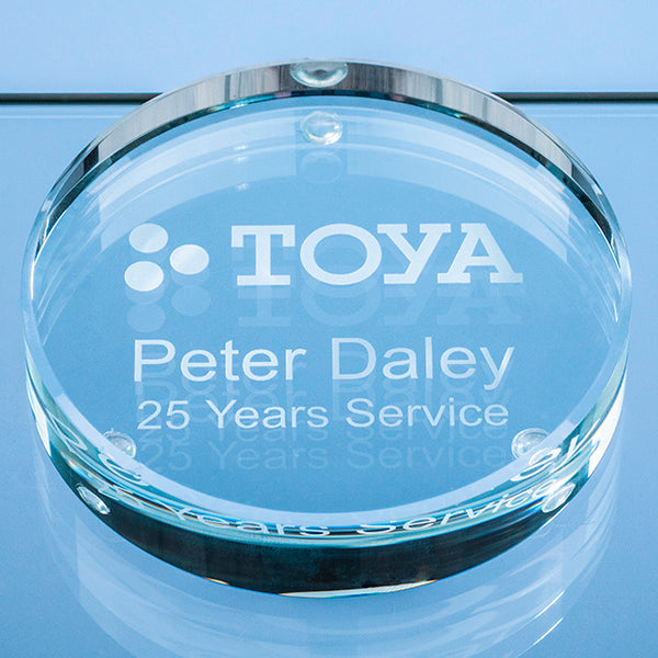 Branded 9cm x 18mm Clear Glass Round Paperweight