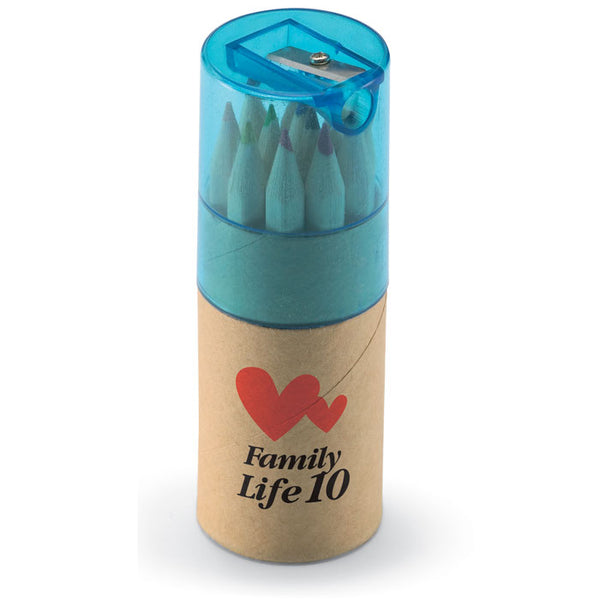 12 coloured pencils in a tube with a transparent blue lid. Branded to the front